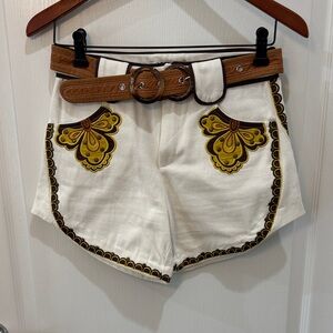 Odette White Women's Denim Shorts with Yellow & Brown Embell Double Belt S